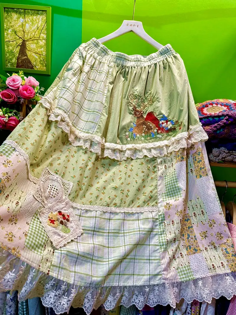 Vintage Korean Harajuku Sweet Lolita Kawaii Cute Long Skirt Female Cotton Patchwork Ruffled Lace Rococo Embroidery Midi Skirt