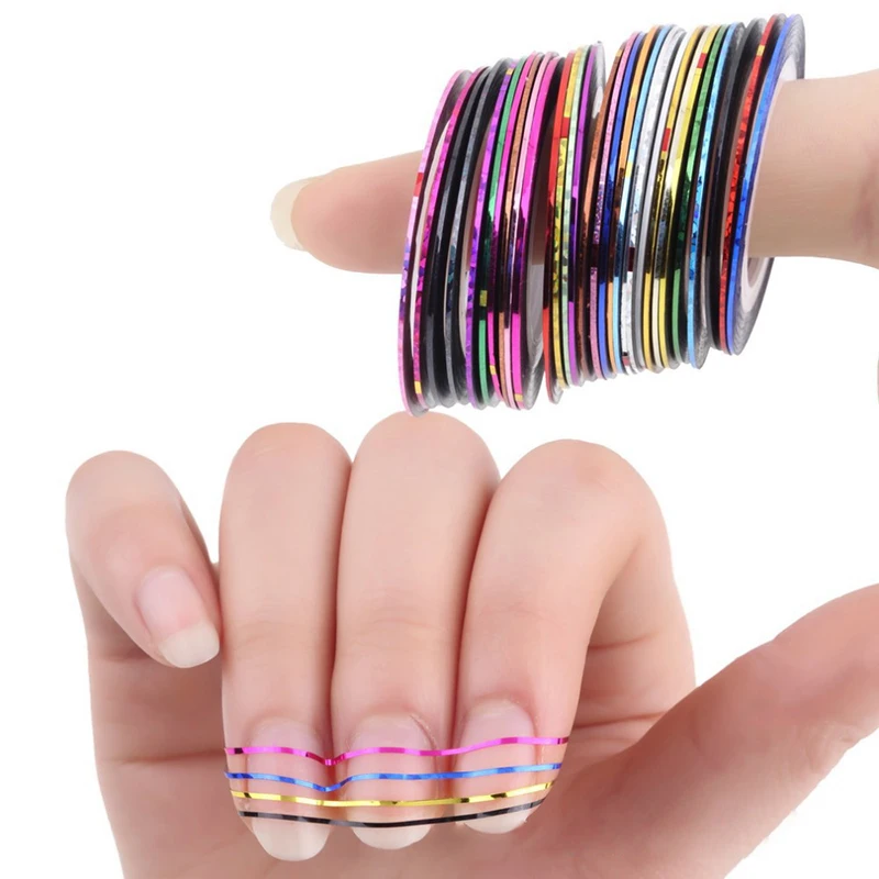 

1 Roll 20M 0.7mm Width 10 pcs Mixed Colors Nail Metallic Striping Tape Nail Art Sticker Nail Decals DIY Nail Sticker Decoration