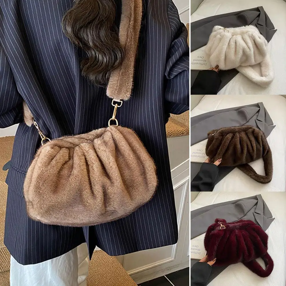 

Small Shoulder Bags Plush Handbags Soft Faux Fur Crossbody Bag Trend Korean Winter Wrinkled Cloud Bag For Women Pouch