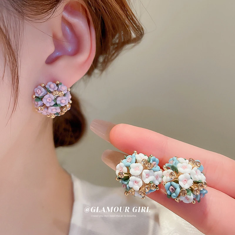 Cute Rose Flower Stud Silver Needle Inlaid Diamond Ceramic Cluster Flower Niche Fashion Heavy Industry Small Fresh Earrings Gift