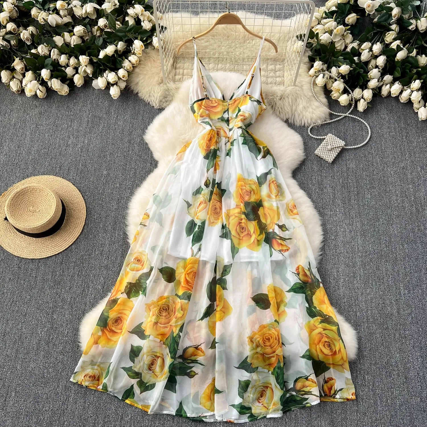 Dames Bloemenprint Spaghettibandjes Zomer Boho Strand Chiffon Jurk Print Elegante Bretels Sexy V-Hals Lange Jurk Vestidos 581