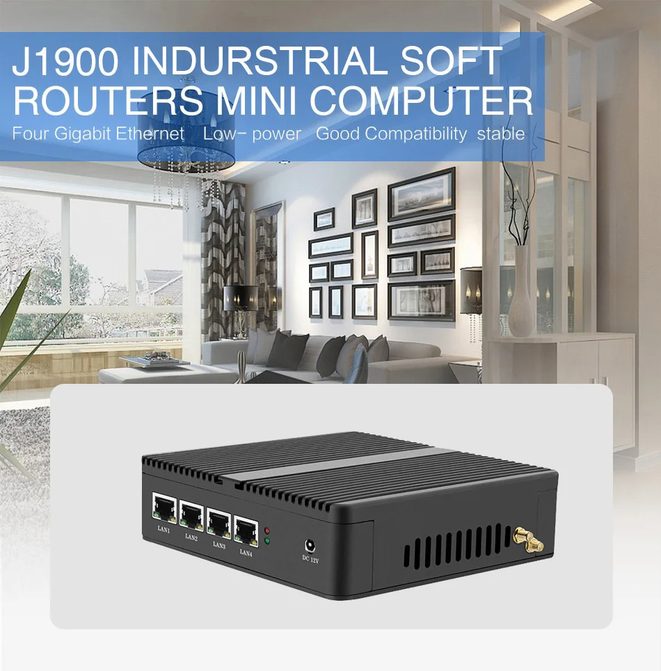 Firewall Router Pfsense Fanless Mini PC Celeron J1900 J4125 4 Core 4 LAN Gigabit Windows 10 Linux Openwrt Industrial  Server
