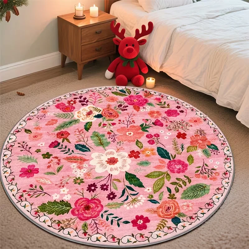 Große Runde Rosa Blumen-Teppichmatte, Maschinenwaschbare Matte, Lebendiges Ländliches Design mit Mehrfarbigen Blüten für Wohnzimmer, Schlafzimmer