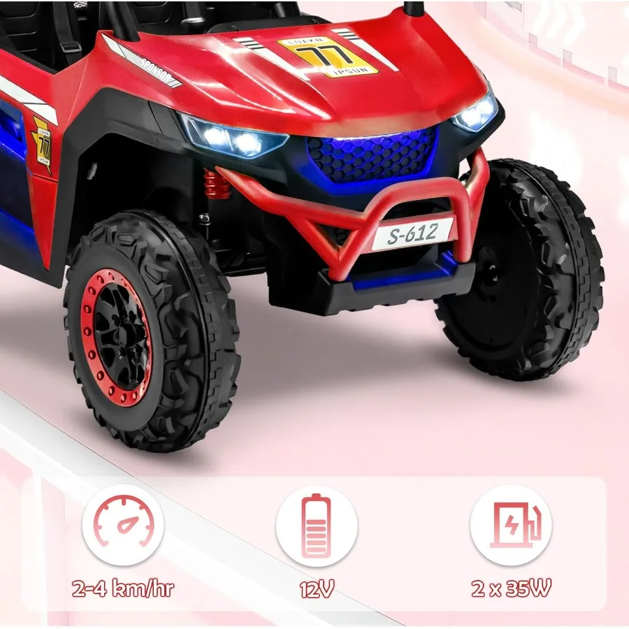 12V UTV 전기차용 2인승 전동차, 리모컨, 스프링 서스펜션, 소프트 스타트, 음악, 블루투스, FM 라디오, 배터리 포함