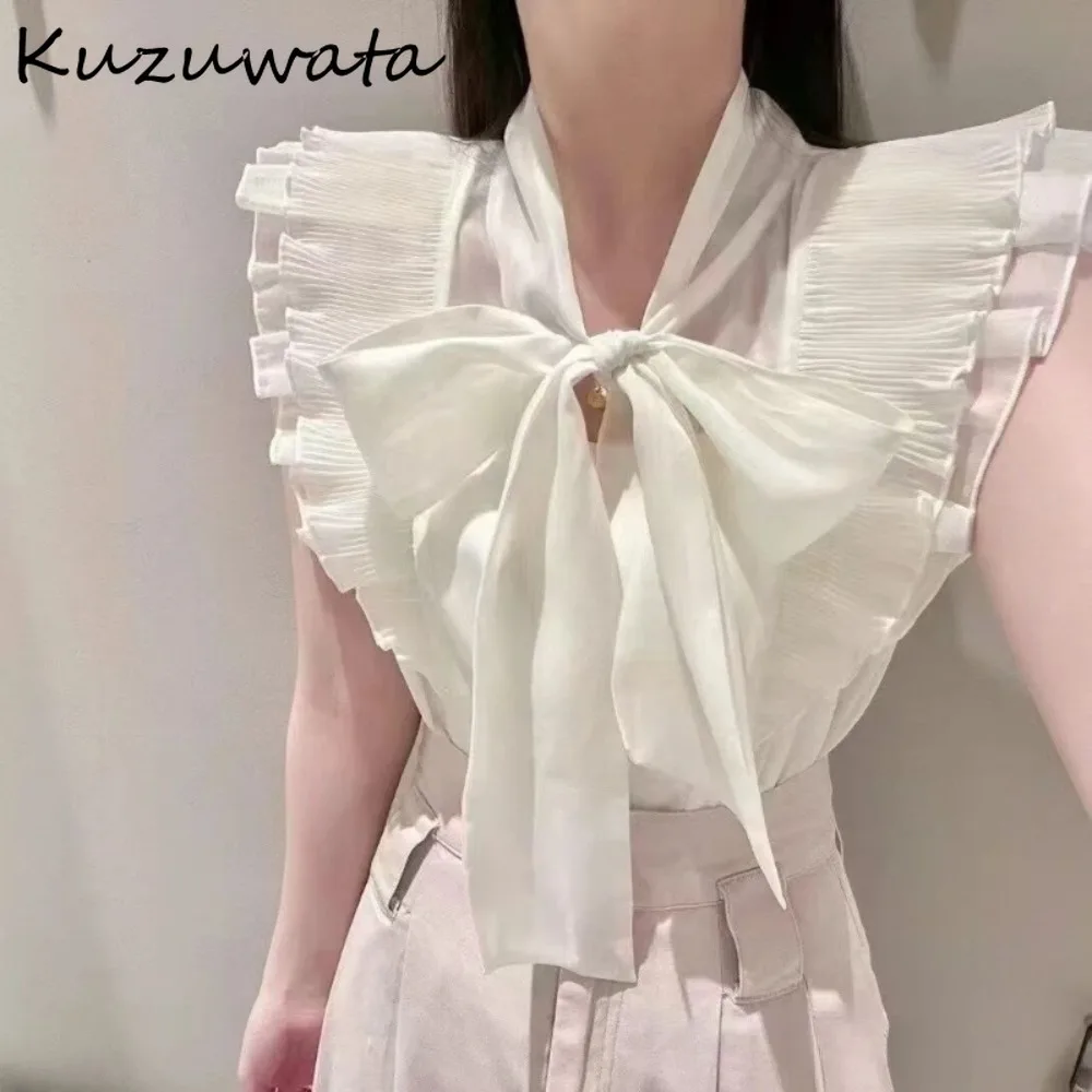 

Kuzuwata Gentle Ruched Ruffles Lovely Blusas V Neck Flying Sleeve New Elegant Ropa Mujer Japan Bow Lace Up French Print Shirts