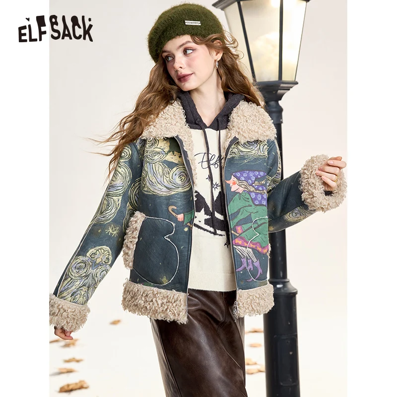 Elfsack 2024 inverno recém chegados original impressão completa de pelúcia engrossado casaco para mulher retro bruxa impressão com zíper costura pele