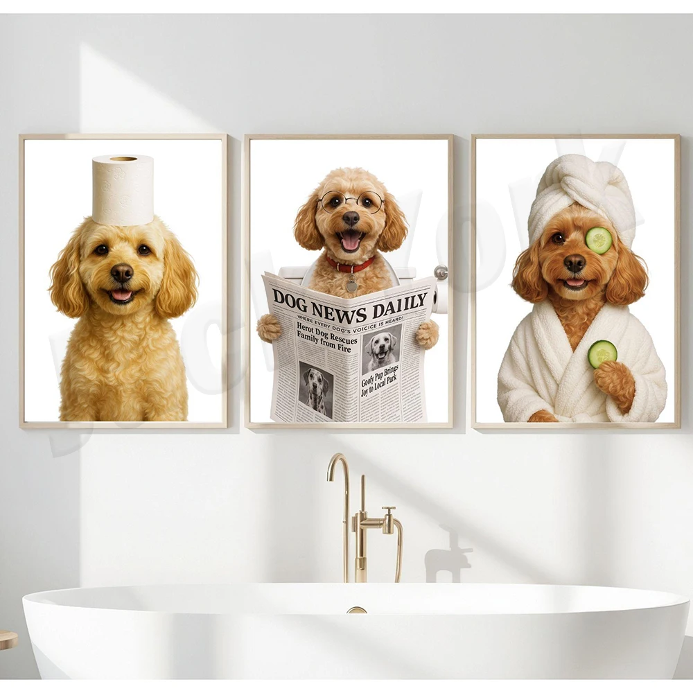 Kawapu, Puli, Bernese Mountain Dog, Portuguese Shepherd, Brittany Hound, Pomeranian toilet training, reading bathroom posters.