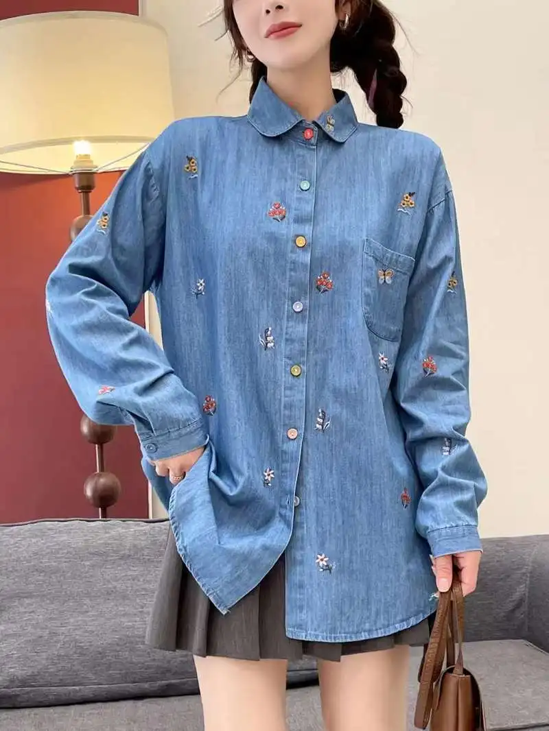 Vintage Rustic Flowers Embroidery Denim Shirts Blouses Women Sweet Cotton Long Sleeve Tops Lolita Shirt MoriGirl Cute Clothes