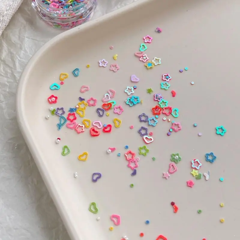 1 caixa de glitter para unhas de dopamina, cores mistas, oco, pentagrama em forma de coração, pérola, arte de unhas, acessórios de decoração de unhas