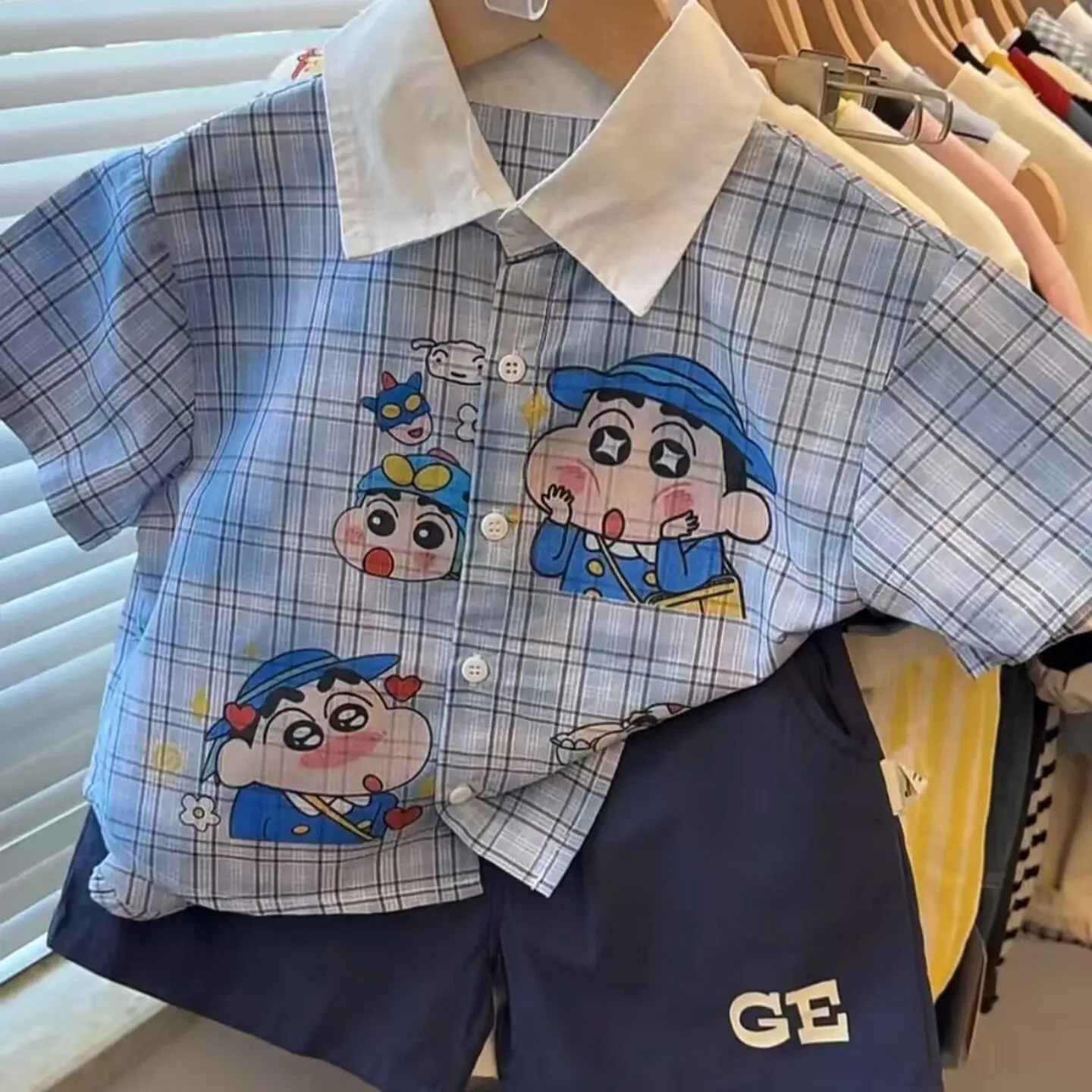 

Cute Crayon Shin-Chan Toddler Boys Clothes Set Summer Plaid Short Sleeve Shirt Navy Shorts 2Pcs Cartoon Casual Kids Outfit Gift
