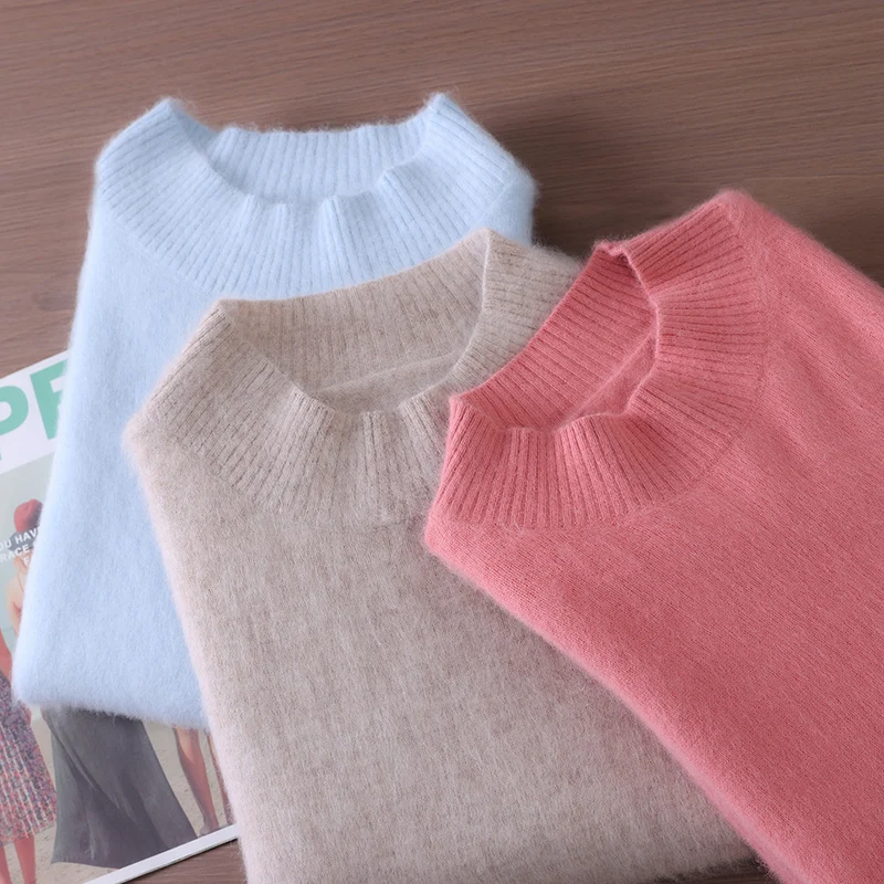 Winter Women\'s Mink Cashmere Sweater With Half-High Neck Short Thick Solid Color Pullover Plus Size Warm Knit Bottoming Shirt