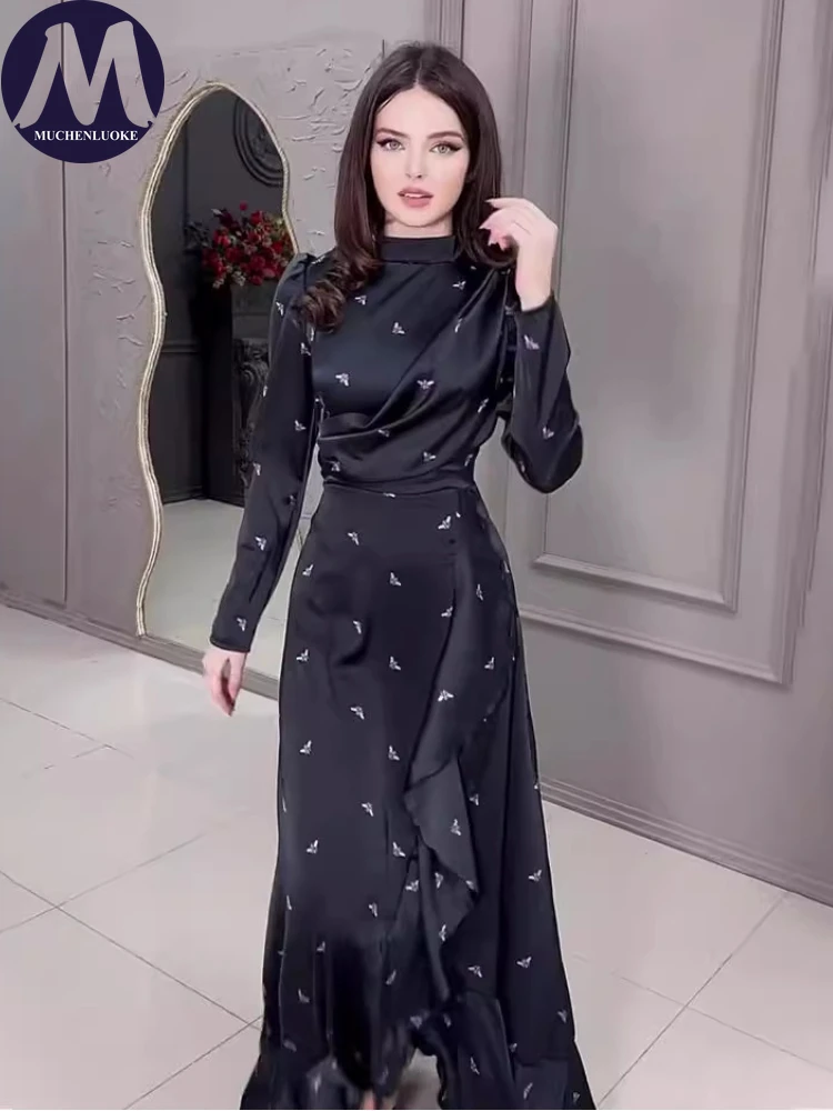 Women's Elegant Puff Sleeve O Neck Dress, Evening Dresses, Slim Fit, Luxury, Spring, Summer, New, Fashionable