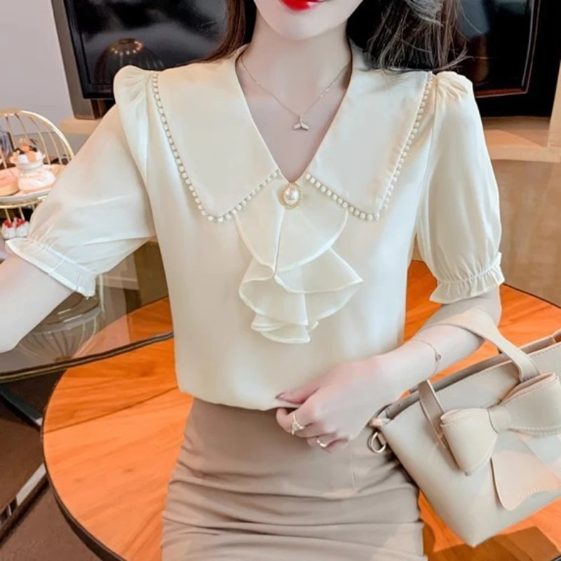 Chiffon Short Sleeve Blouse Summer Solid Color Women\'s New Ruffles Patchwork All-match Sweet Shirt Tops Fashion Elegant Clothing