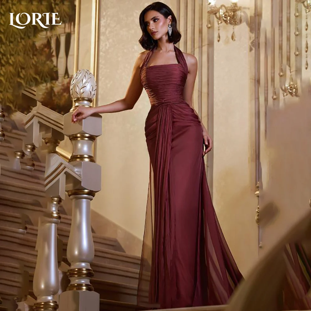 

LORIE Shiny Mermaid Evening Dress Halter Sparkly Crepe Satin Princess Prom Dress A-Line Shiny Pleats Party Gown Customized
