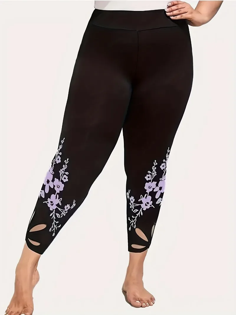 Plus Size 1XL-8XL Casual Leggings Women\'s Plus Floral Print Cut Out High Rise Medium Stretch Leggings