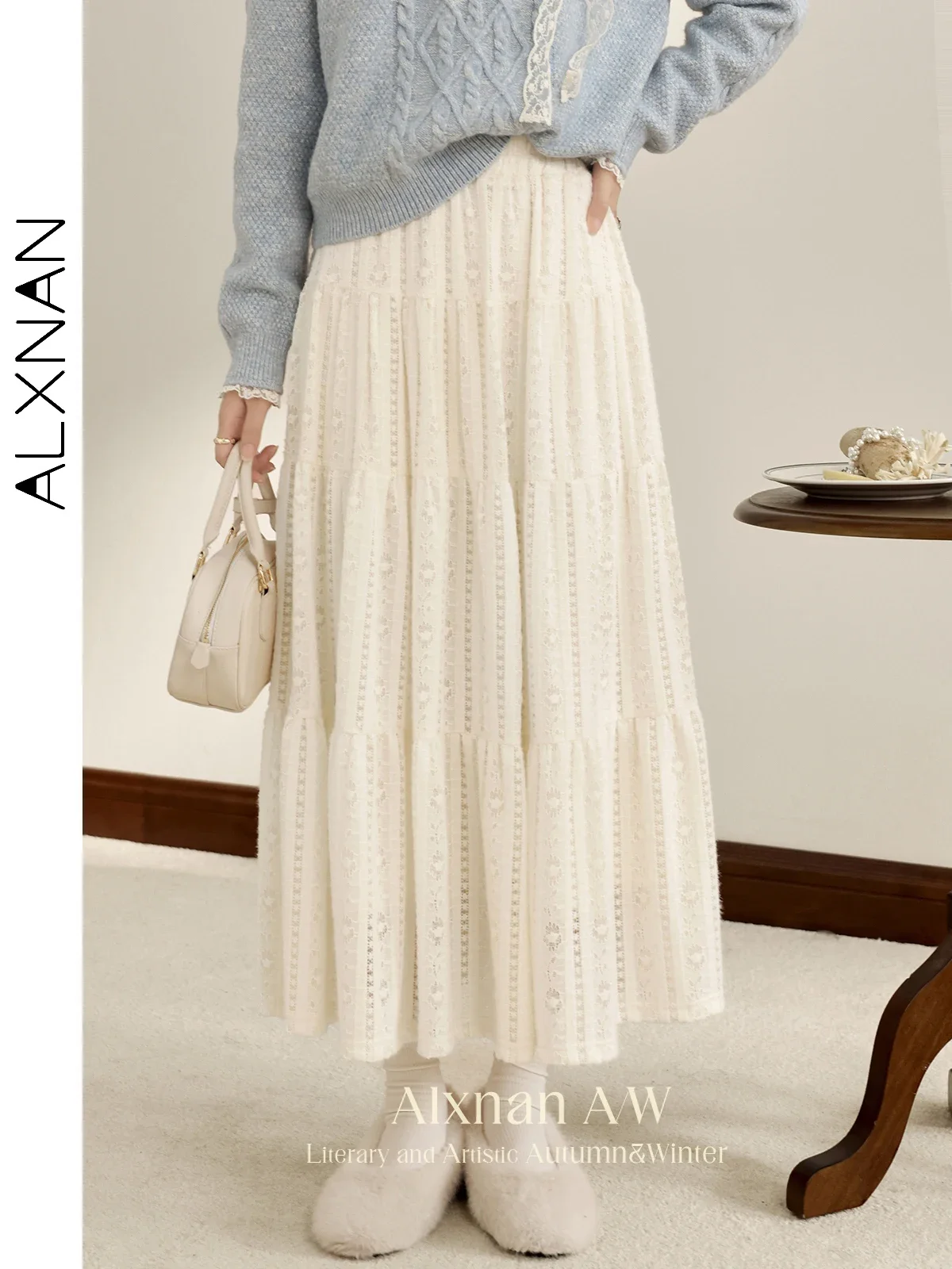 

ALXNAN White Skirt Autumn Winter New Lace Hollow Long A-line Elegant Skirt 2025 Loose-fit Elastic Waist Ladies Clothing L51138