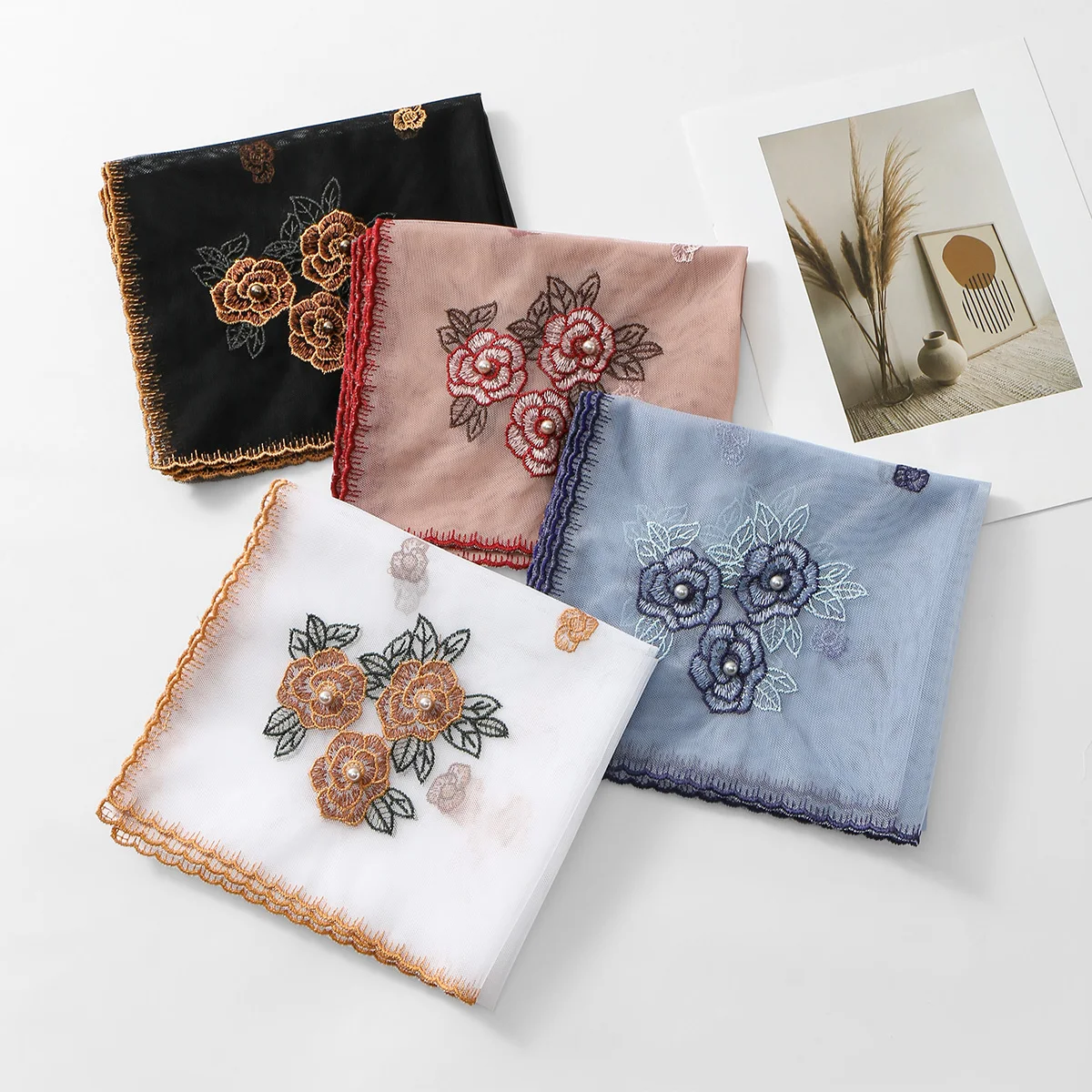 

Woman Lace Scarf Shawl Handscarf Embroidery Pearl Foulard Hijab Bandana Summer Retro Versatile Decorative for Hair 150*45cm