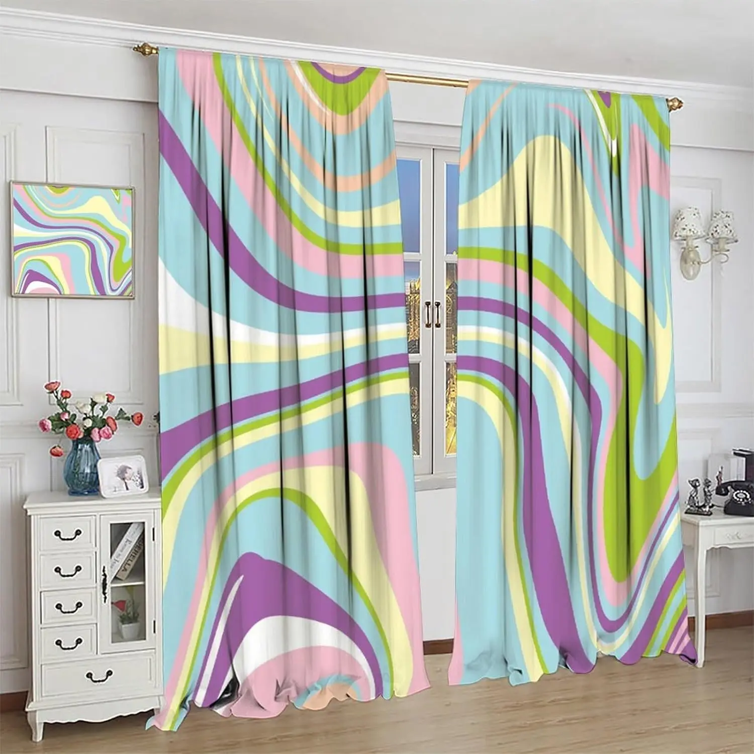Retro 70s Groovy Curtains,Vintage Abstract Modern Boho Blue Green Spiral Swirl Waves Pattern Blackout Print Window Drapes for