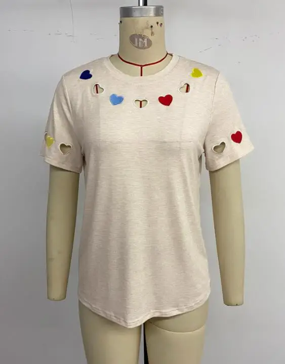 

Top Women 2026 Spring Summer New Solid Color Casual Heart Embroidery Hollow Short Sleeved Versatile Daily Round Neck T-Shirt