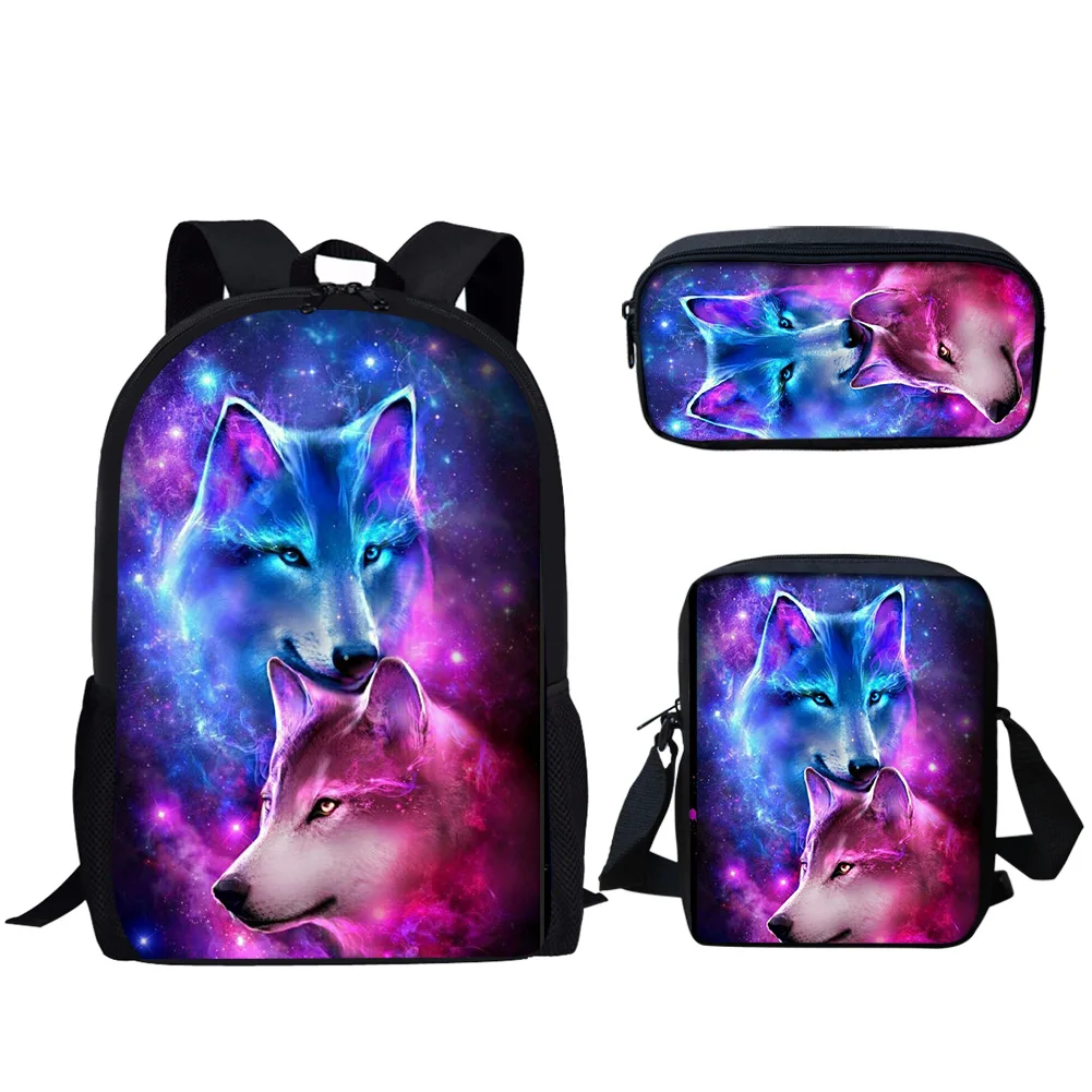 3 buah Set tas sekolah fantasi Galaxy Wolf tas buku motif untuk remaja laki-laki perempuan ransel penyimpanan kasual ransel harian siswa