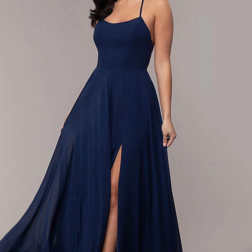 Abiti da sera con spalline blu Navy per la festa elegante abito da ballo lungo a-line 2022 abiti Sexy senza schienale con spacco alto