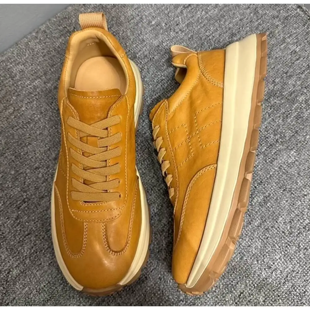 Caramel Yellow Burnished Leather Retro Sneakers, with matching laces and gum sole, stylish and comfortable