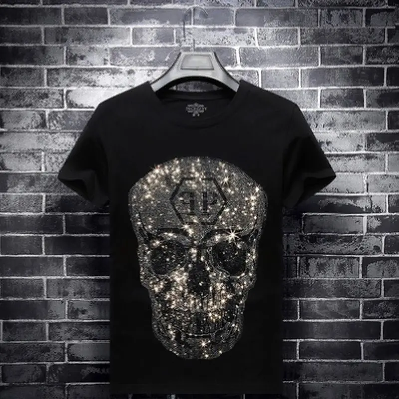 

Men's Clothing Summer Cotton Skull Drilling Short-sleeved T-shirt Fashion Brand Handsome Printed Top