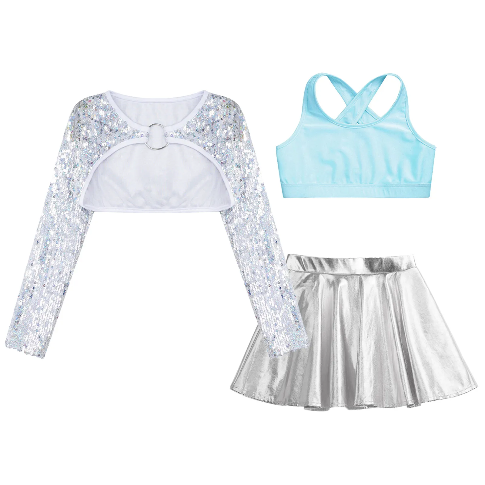 Tenue de danse jazz pour filles, col en U, fibre brillante, paillettes scintillantes, haussement d'épaules BEmbed o, haut court à manches longues, jupe métallique, enfants, ensemble de 3 pièces