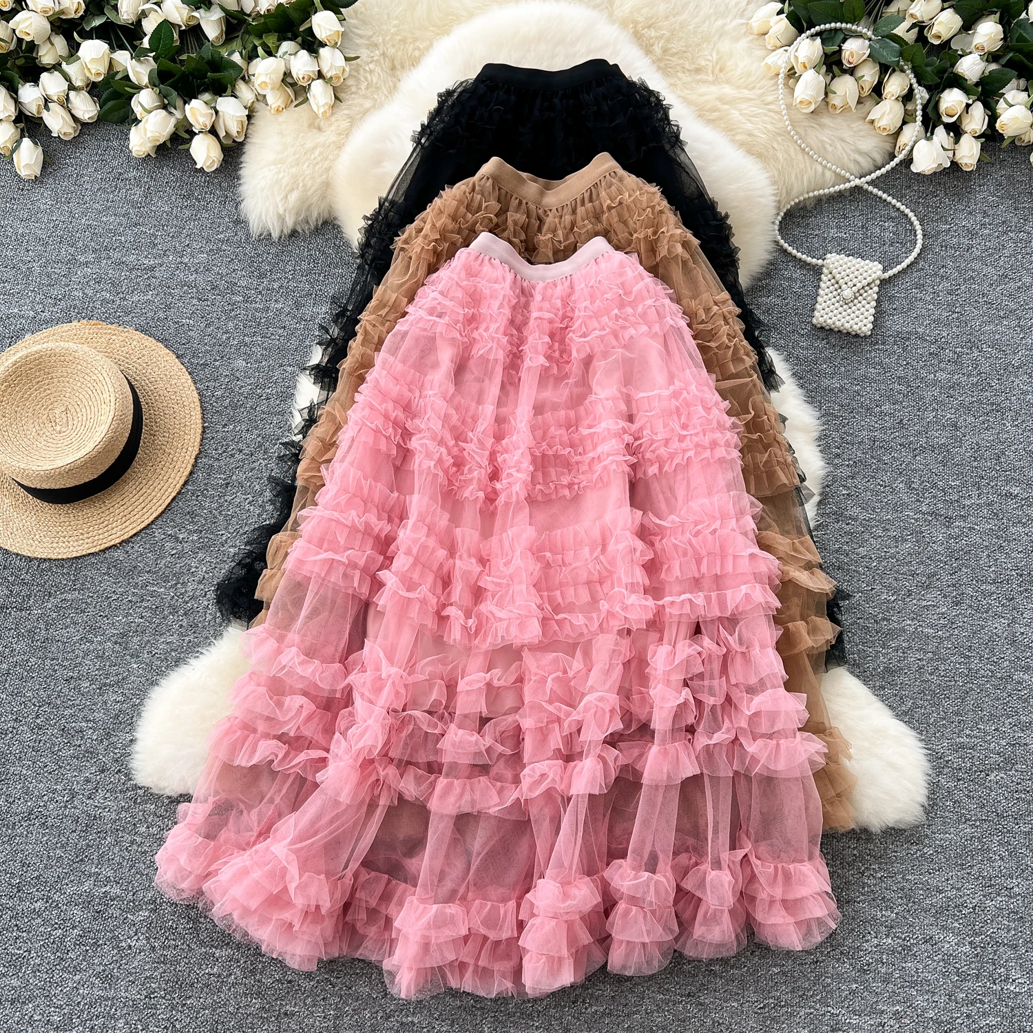 Clothland Women Sweet Ruffle Mesh Skirt Patchwork Ball Gown Elastic Waist Cute Outwear Basic Cute Midi Skirts Mujer BA319