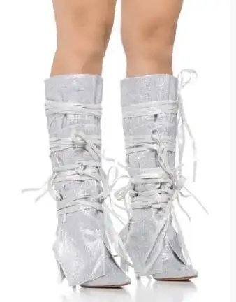 

Прямая доставка, женские блестящие серебряные кристаллы с блестками, острый носок, повязки на тонком каблуке, сапоги до колена, женские ботинки Botas