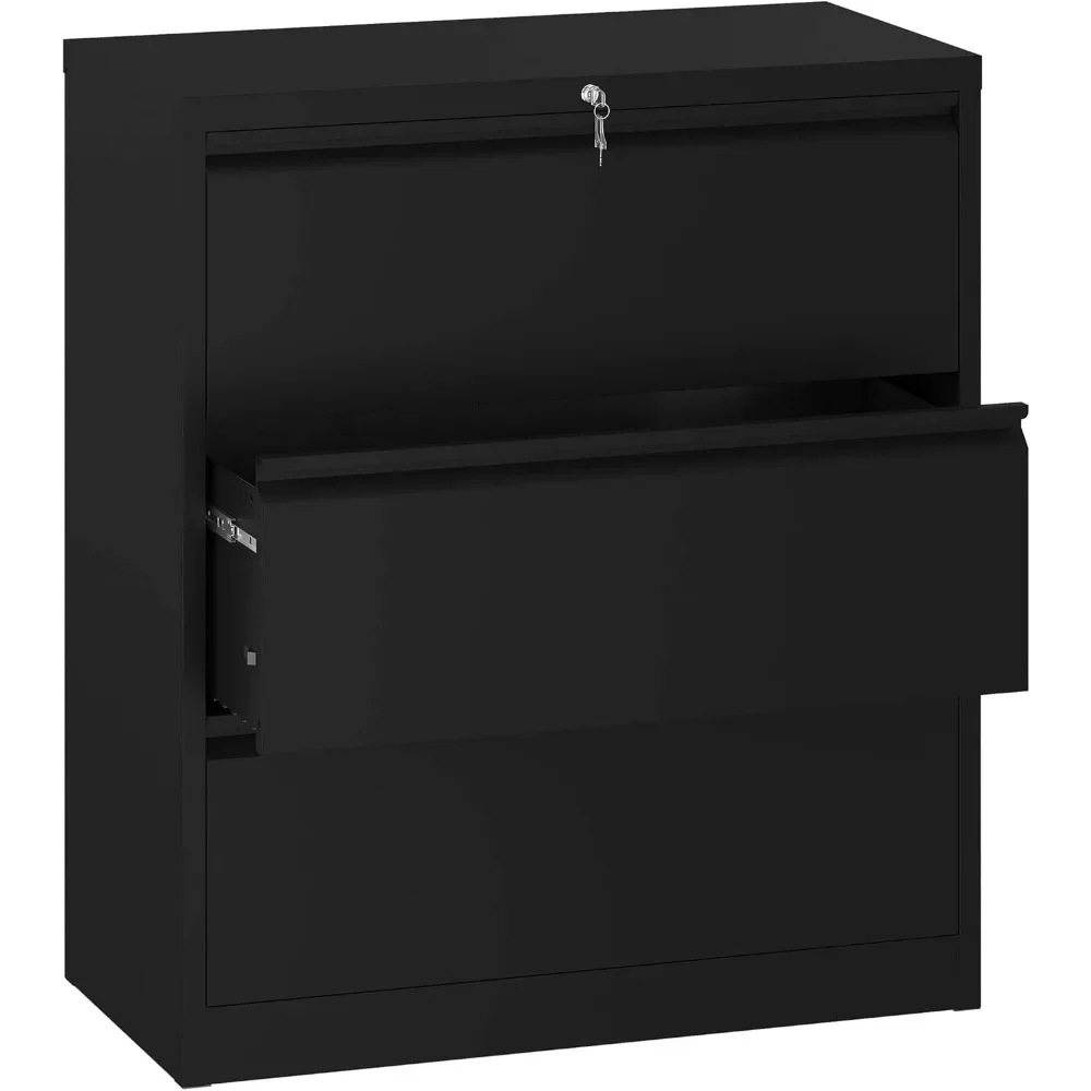 3 Drawer Lateral File Cabinet with Lock, Metal Stainless Steel Wide Lateral Filing Cabinet for Legal/Letter A4 Size