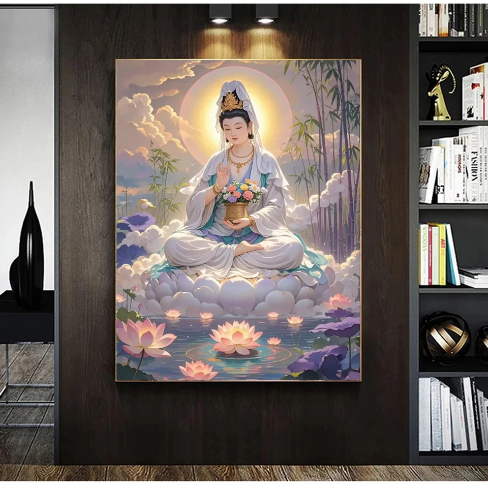 DIY Diamond Painting Guanyin Buddha Statue New Arrival Full Mosaic Jewels Cross Stitch Kit Embroidery Lotus Bamboo Home Decor