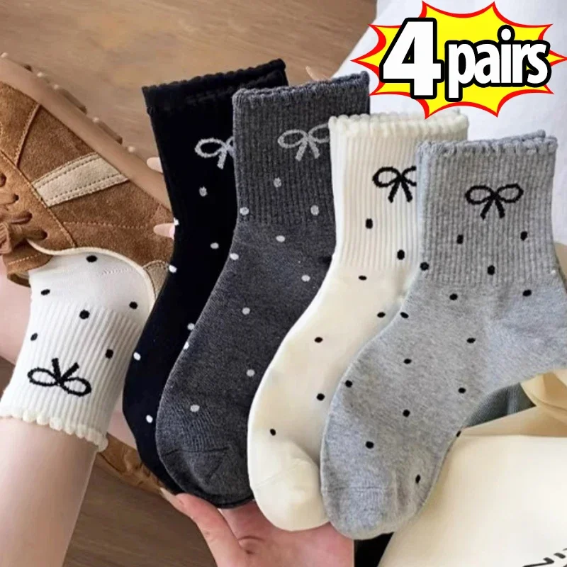 

Lolita Sweet Embroidery Bow Long Socks Women Girls Winter Cotton Knit Sock Casual Crew Loose Sox Mid-tube Stockings Streetwears