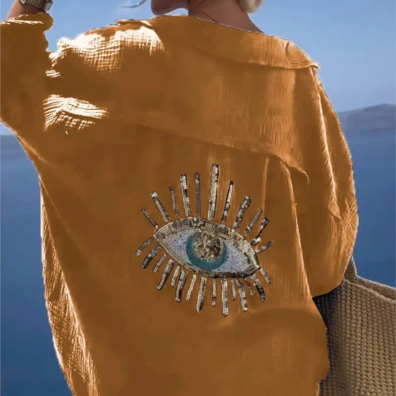 

Spring Autumn Sequin Print Shirts Women Fashion Cotton Linen Long Sleeve Loose Long Blouses Ladies Casual Commuting Shirt Tops