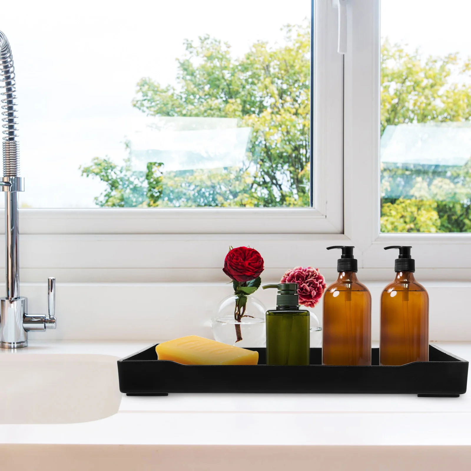 Bandeja para mostrador de baño, organizador de tocador de PP Rectangular negro para cosméticos, toallas, almacenamiento de maquillaje, tocador multifuncional, 4 Uds.