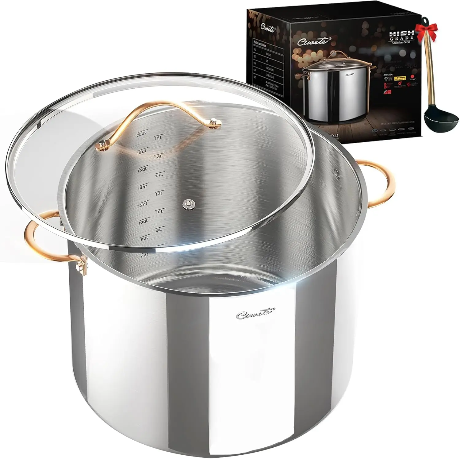 20 Quart, 3 Ply Stainless Steel Stock Pot with Lid, 20 Quart Soup Pot with Copper Handle, Healthy Stockpots, Induction