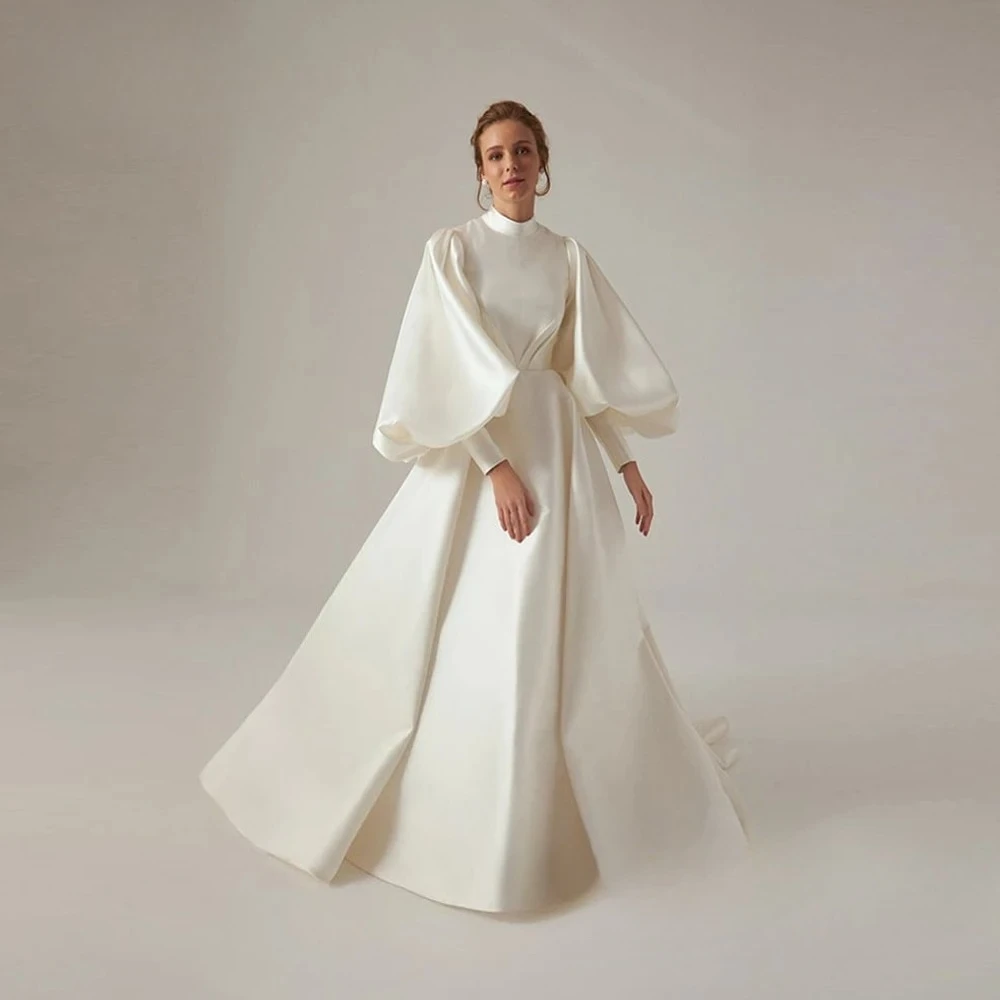 Customized Muslim Wedding Dresses Fashion Fold Puff Sleeve Bridal Satin Elegant Civil Bride Gowns Floor Length Dress for 2026