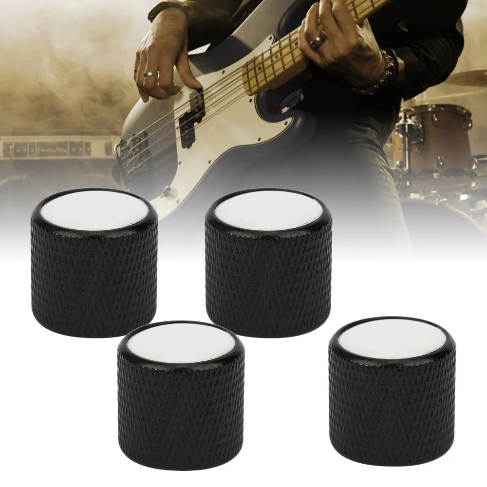 4PCS Premium White Shell Inlaid Electric Bass Knob Metal Black+White Guitar Control Knob Bass Control Knob Guitar Parts