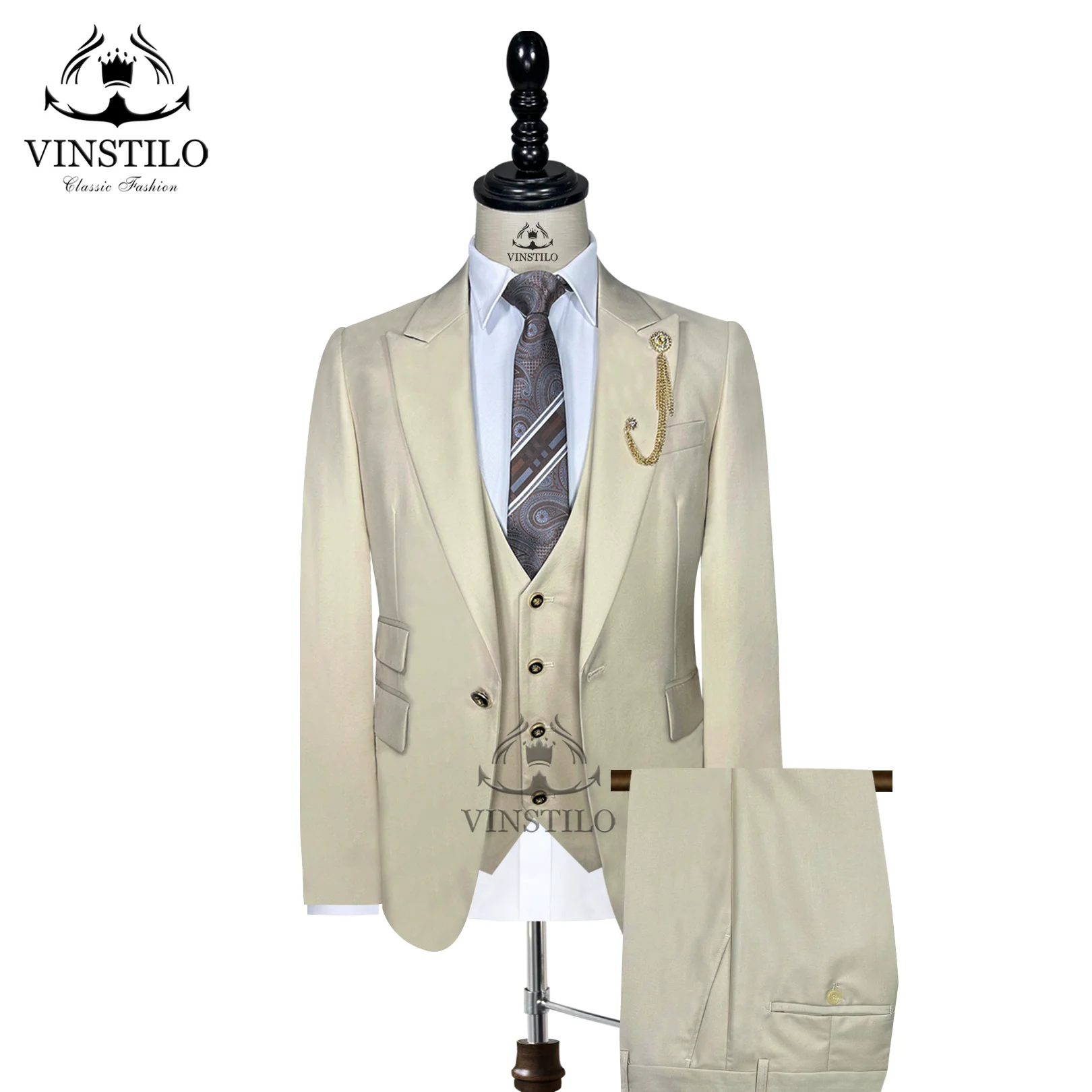 VINSTILO Male Suits Wedding Groom Tuxedo Slim Fit Business Party Casual Set 3 Piece（Blazer+Vest+Pants）Good Quality Homme Costume