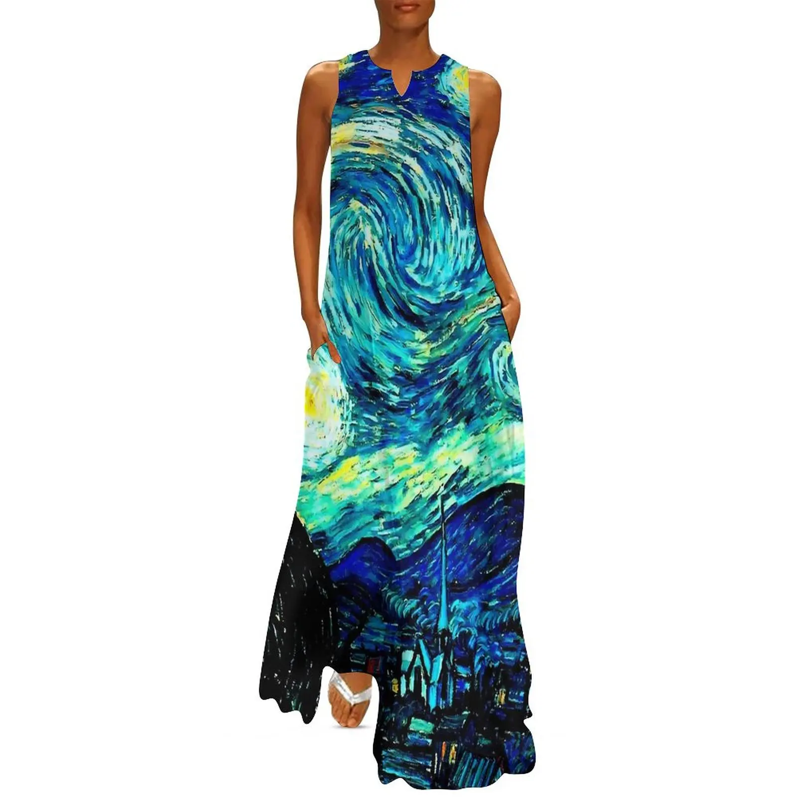 Starry Night Famous Painting Dress Spring Vincent Van Gogh Streetwear Casual Long Dresses Womens Kawaii Maxi Dress Birthday Gift