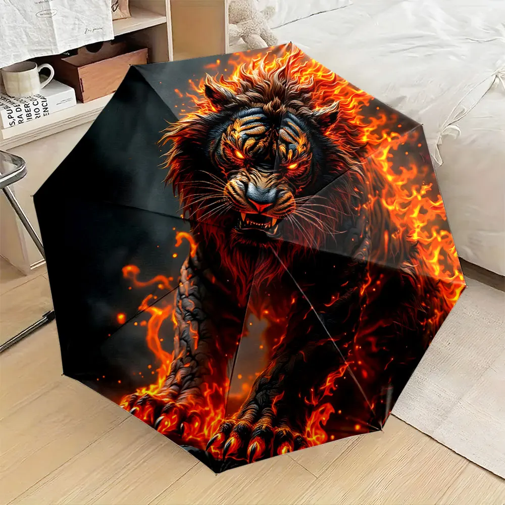 1PC Fiery lion design umbrella for bold statement Print 8 Iron Ribs Folding Umbrella Auto-Open Fashion Sunshade