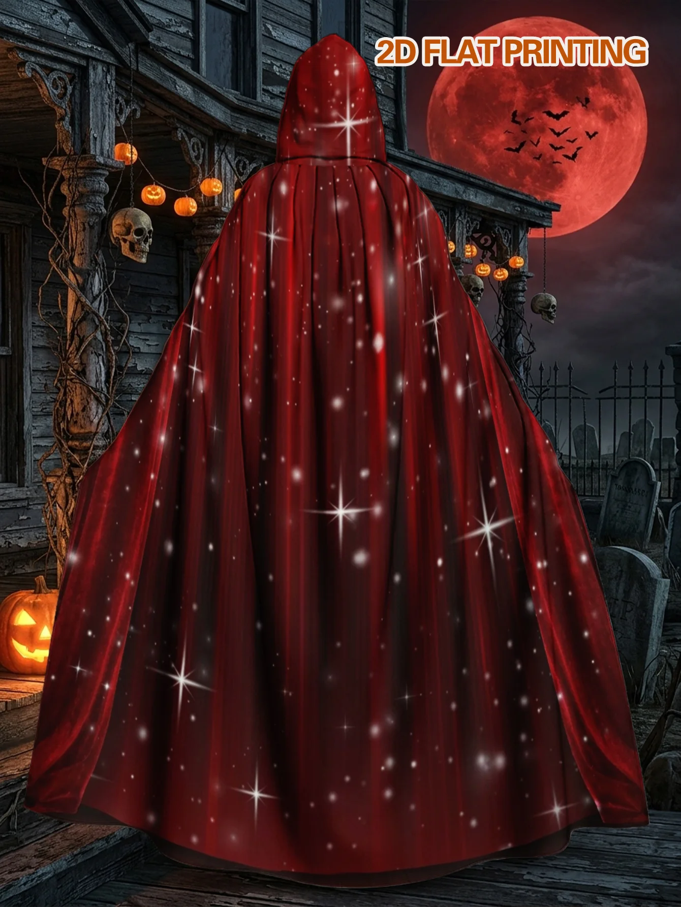 Customization 1pc, Adult Hooded Robe With Festive Red Velvet With Stars Elements For Halloween Roleplay And Christmas Events, Ma