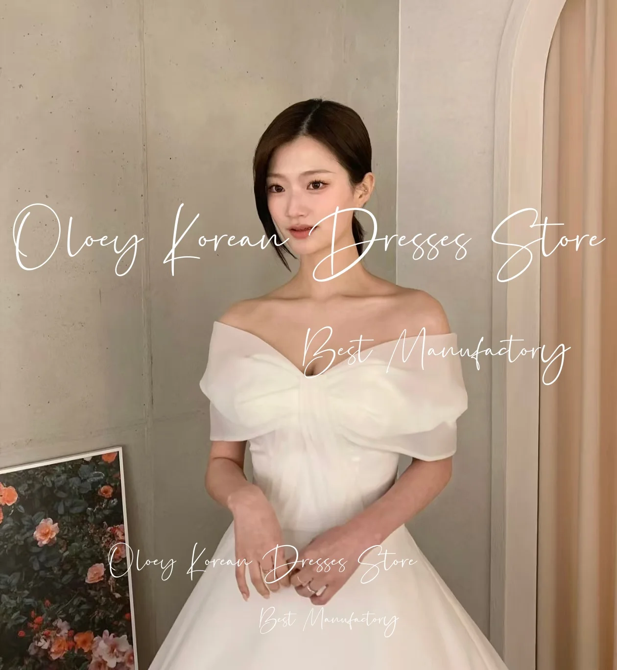 OLOEY الأميرة القوس قبالة الكتف فستان الزفاف العاج الأورجانزا مشد كوريا صورة تبادل لاطلاق النار فستان استقبال الزفاف مخصص ستناء