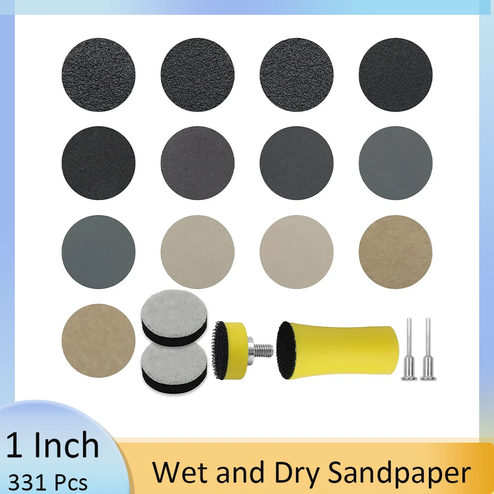 

1 Inch Wet and Dry Sandpaper 331 Pieces with Backing Pad and Soft Foam Buffering Pad 60-10000 Grits for Wood Metal Mirror