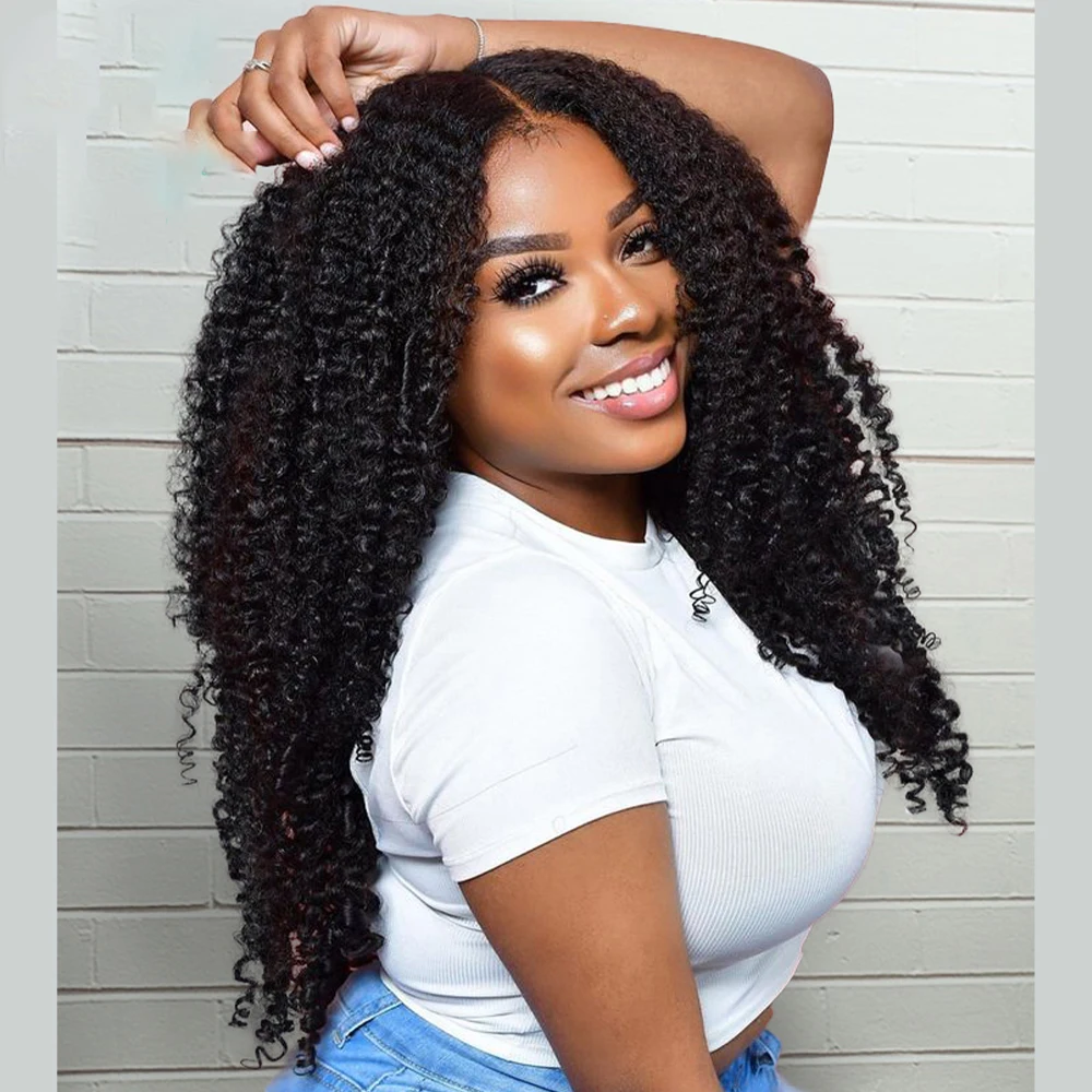 Soft Long 26inch Natural Black Glueless 180Density Kinky Curly Deep Lace Front Wig For Women With Baby Hair Preplucked Daily