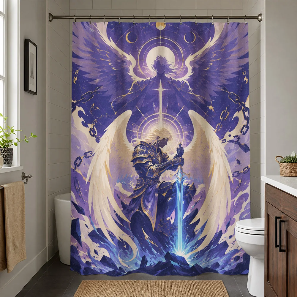 Epic Fantasy Angel Warrior Shower Curtain Royal Blue Purple Mythic Art Bathroom Decor Waterproof Shower Curtain
