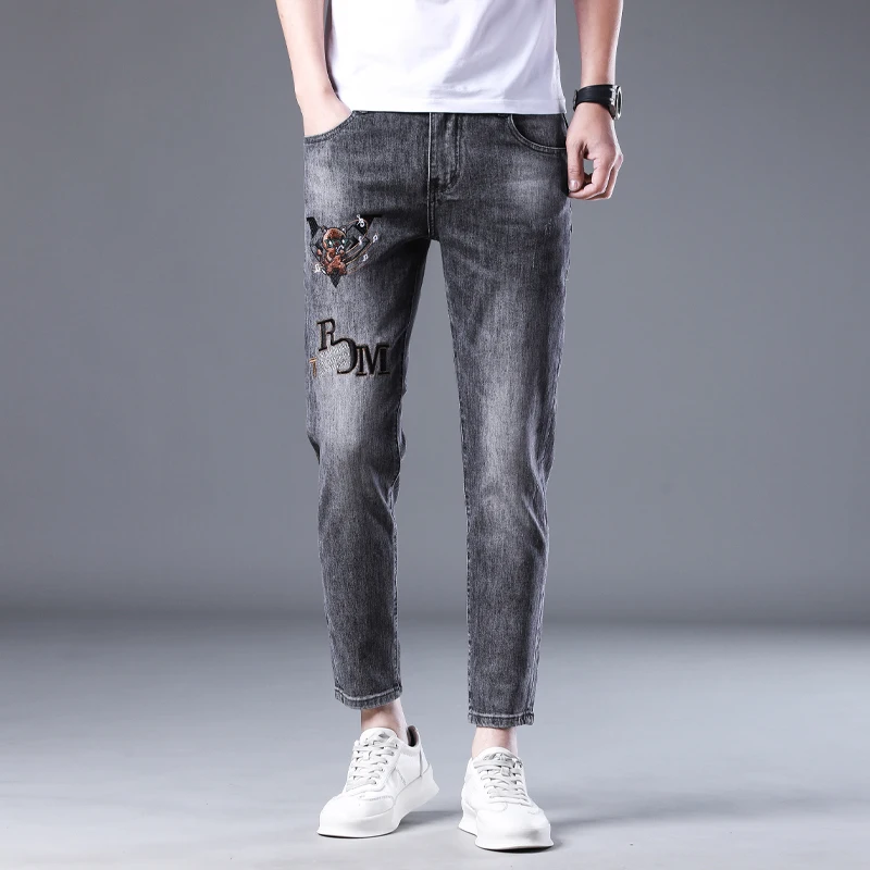 summer thin section embroidery nine-minute straight jeans men's trend of light luxury fashion Slim small foot casual pants