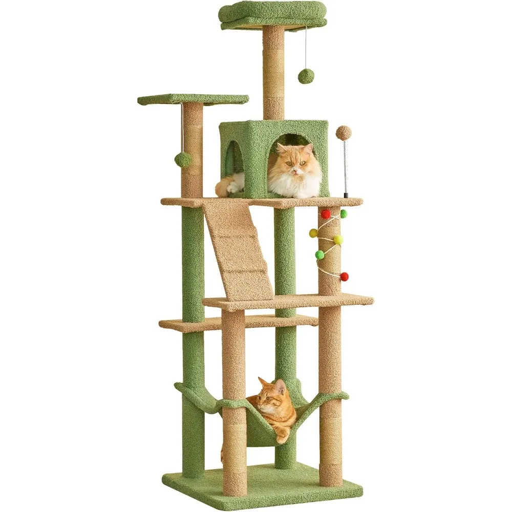 

MWPO 63.8 Inches Green Cat Tree for Indoor Cats, Multi-Level Cat Tower with Sisal-Covered Scratching Posts, Padded Platform, Ham