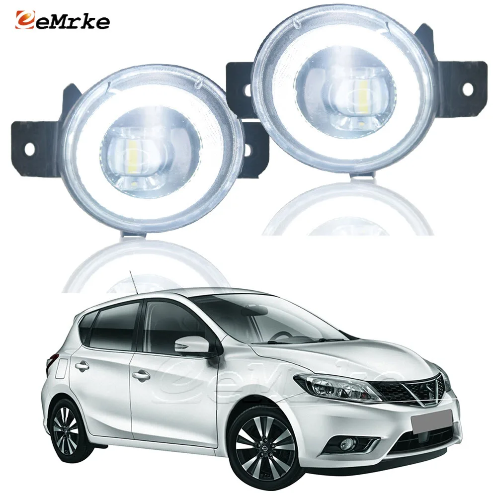 Pair LED Angel Eye Daytime Running Lamp Projector Lens Fog Lights Assembly for Nissan Pulsar Hatch 2014 2015 2016 2017 2018