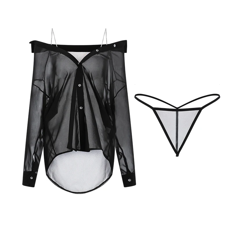 Sexy Mousse Women Night Wear Underwear Chiffon Sexy Seductive Perspective Diamond Shoulder Strap Boyfriend Style Shirt Suit